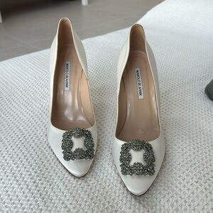 Manolo Blahnik White Satin Hangisi Jewel Buckle 4” Heel - WORN ONCE